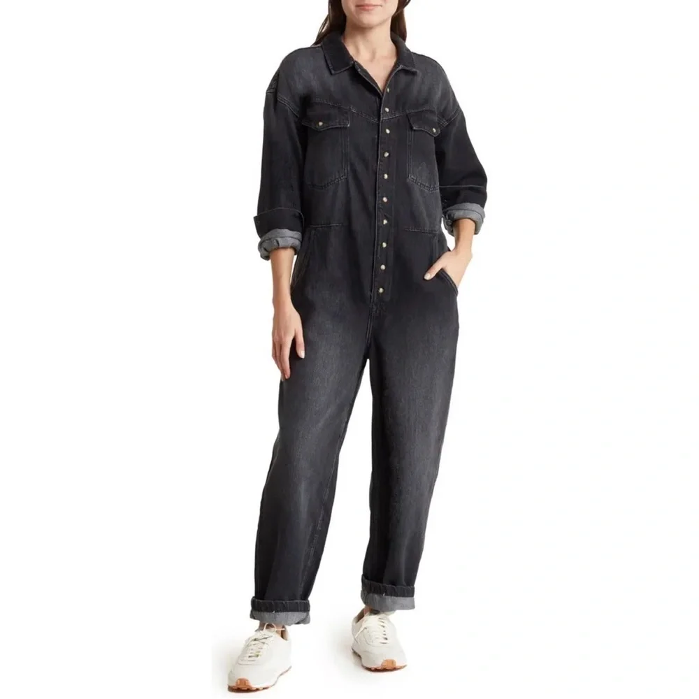 free people townes black denim long sleeve button up jumpsuit coveralls